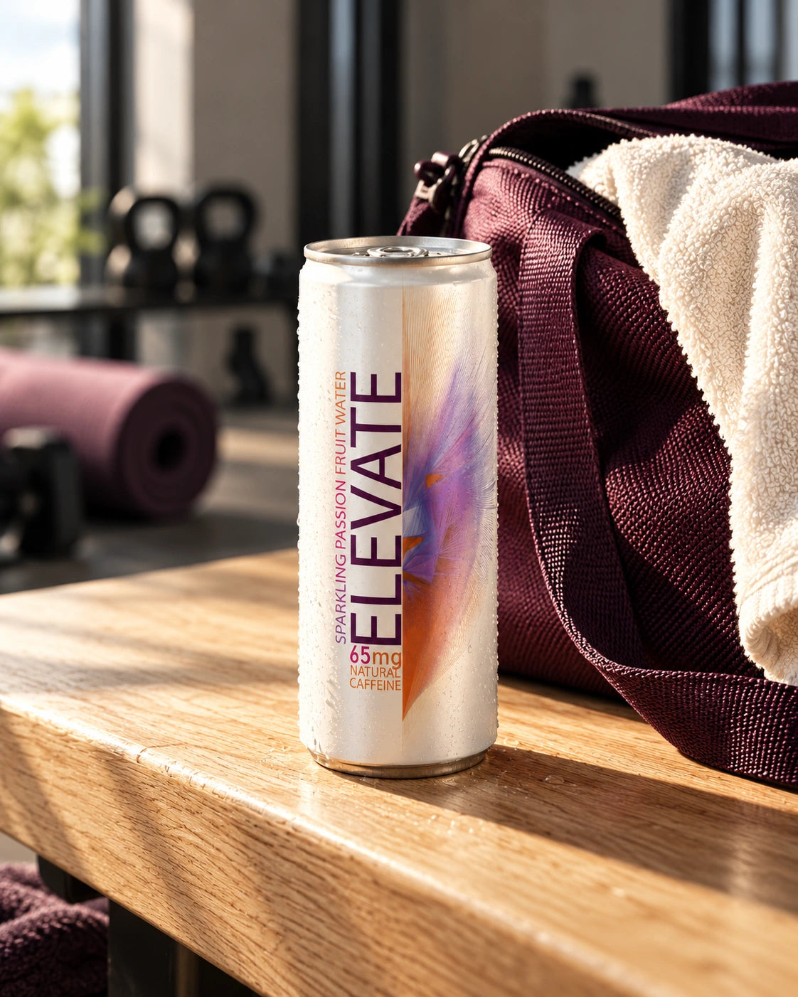 Chilled Elevate Passion Fruit beside a plum gym bag and towel