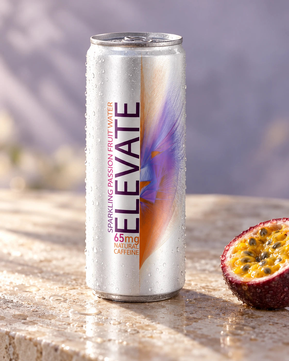 Chilled Elevate Passion Fruit can with a subtle passion fruit detail on pale limestone
