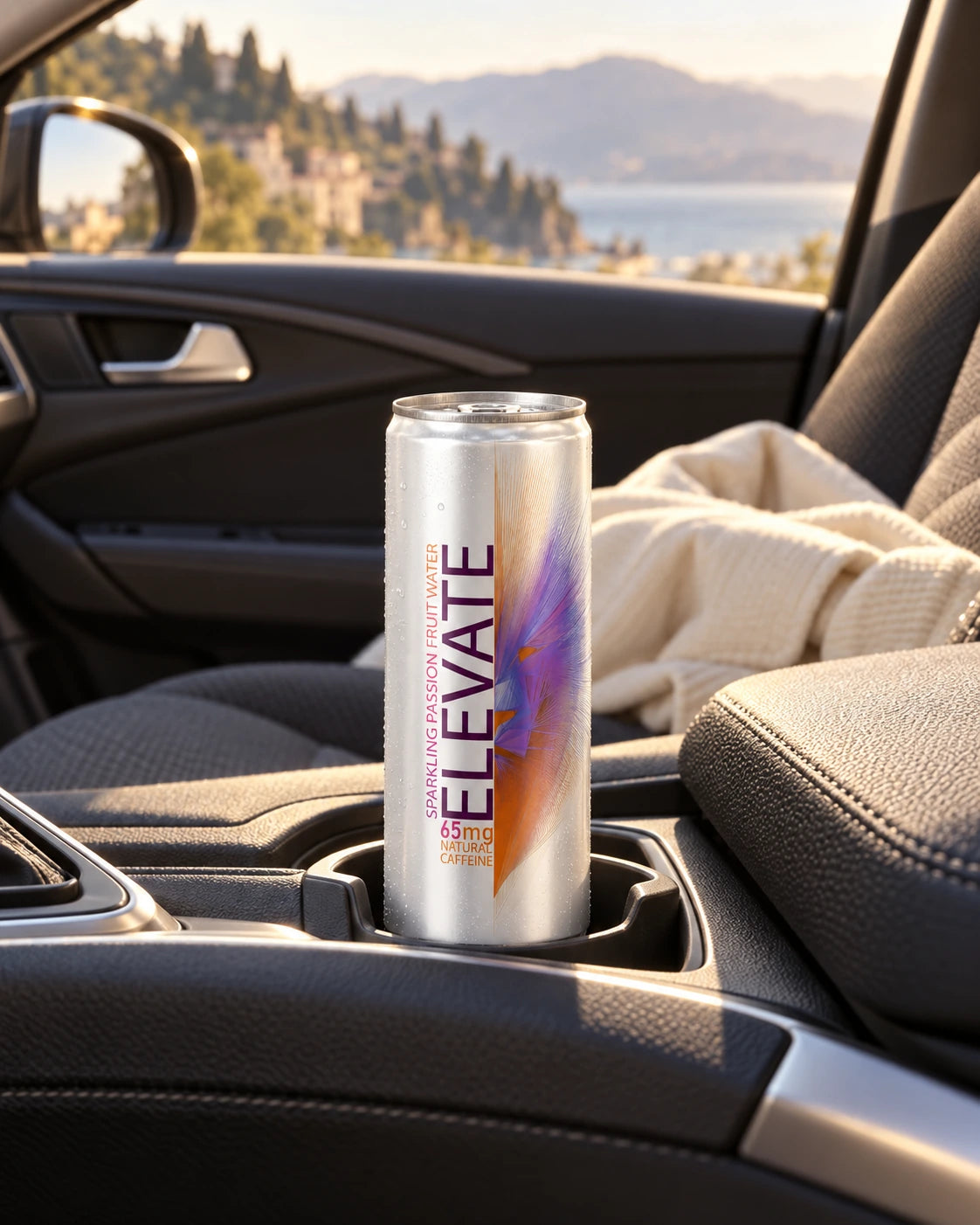 Elevate Passion Fruit in a parked car’s cup holder during a travel break